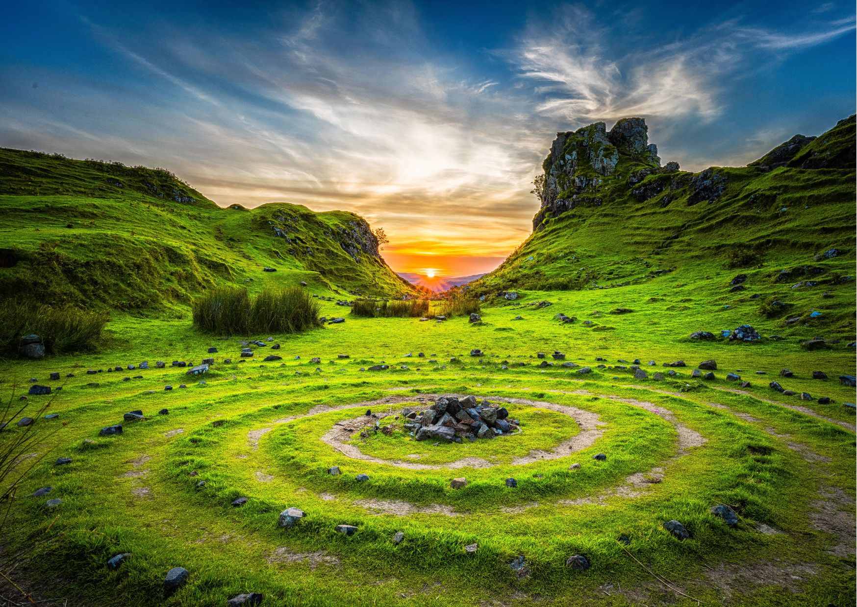 Ancient stone circle in the Scottish Highlands, set against a backdrop of rolling hills and open sky.